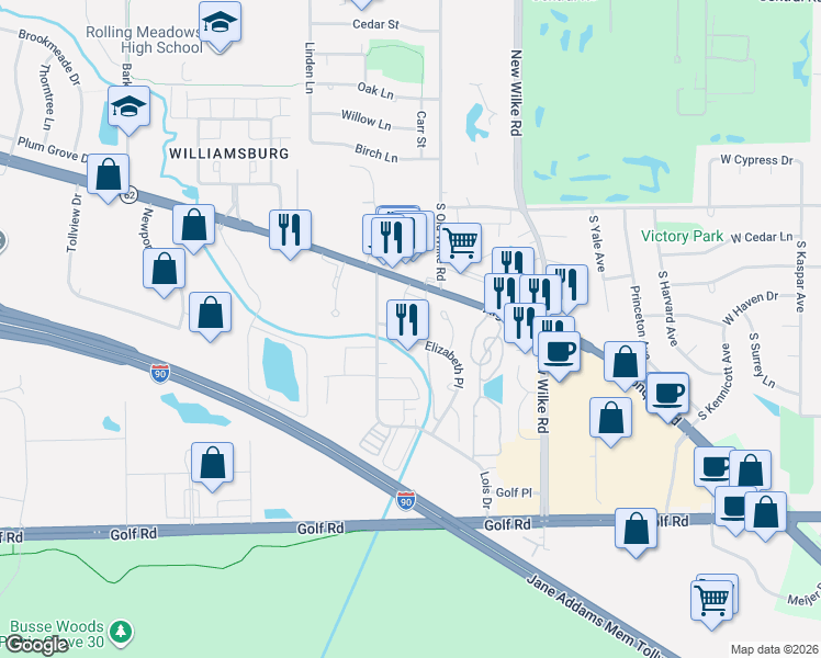 map of restaurants, bars, coffee shops, grocery stores, and more near 5412 Teaberry Court in Rolling Meadows