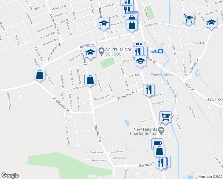 map of restaurants, bars, coffee shops, grocery stores, and more near 66 Churchill Avenue in Brockton