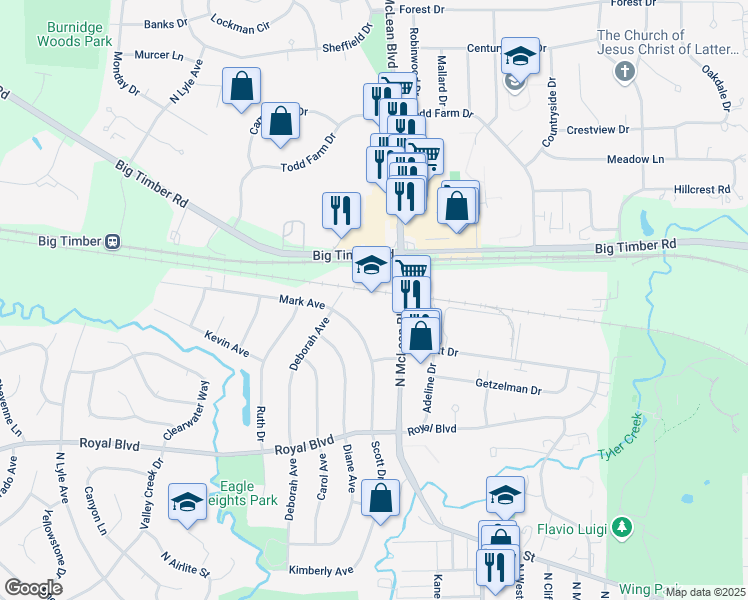 map of restaurants, bars, coffee shops, grocery stores, and more near 1560 Weatherstone Lane in Elgin