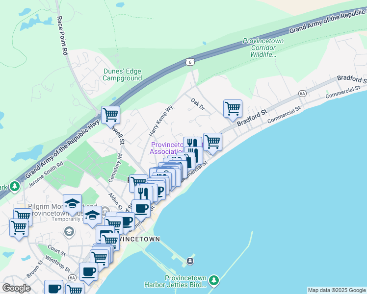 map of restaurants, bars, coffee shops, grocery stores, and more near 7 Miller Hill Road in Provincetown