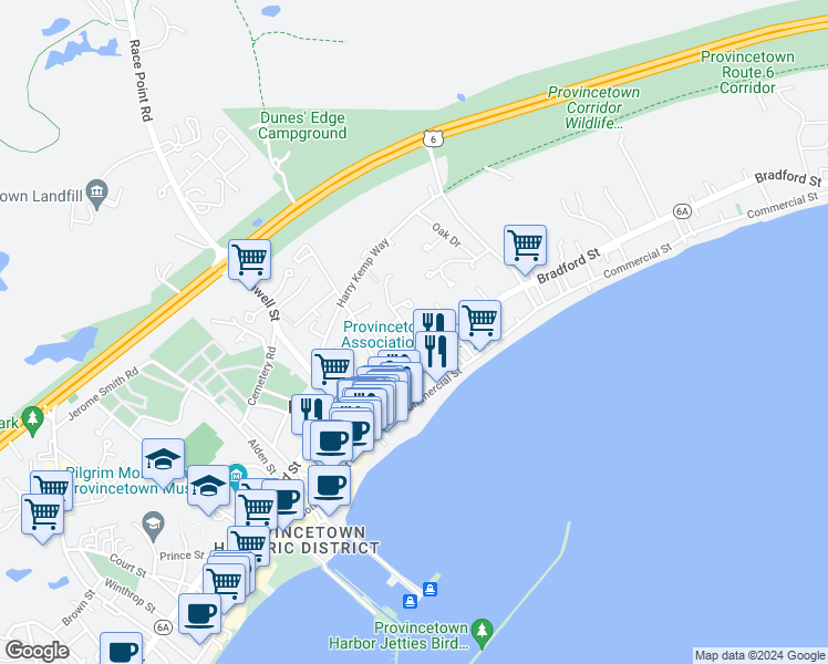 map of restaurants, bars, coffee shops, grocery stores, and more near 7 Miller Hill Road in Provincetown