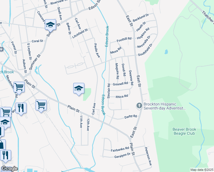 map of restaurants, bars, coffee shops, grocery stores, and more near 170 Sinclair Road in Brockton
