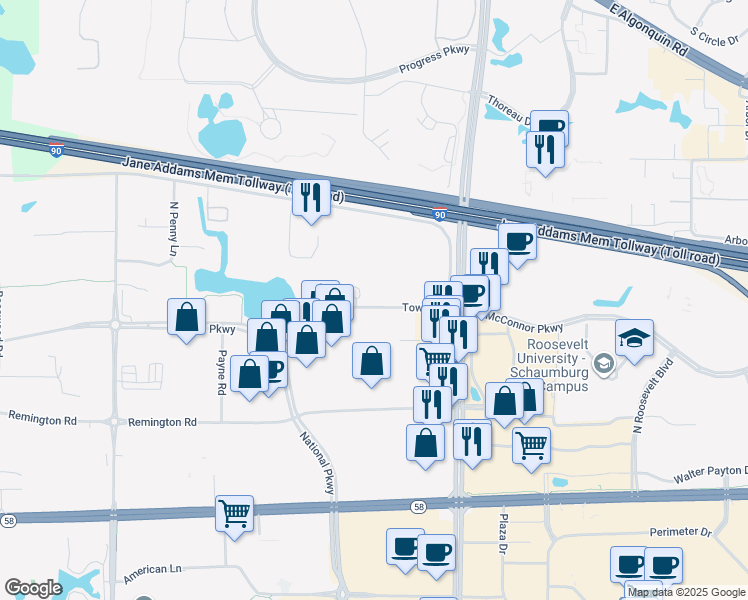 map of restaurants, bars, coffee shops, grocery stores, and more near 1216 Tower Road in Schaumburg