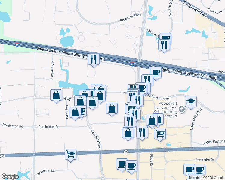 map of restaurants, bars, coffee shops, grocery stores, and more near 1216 Tower Road in Schaumburg