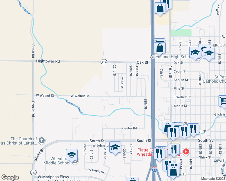 map of restaurants, bars, coffee shops, grocery stores, and more near 1001 22nd Street in Wheatland