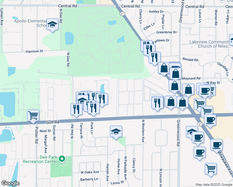 map of restaurants, bars, coffee shops, grocery stores, and more near 9646 Golf Terrace in Des Plaines