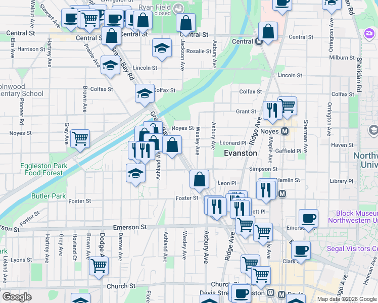 map of restaurants, bars, coffee shops, grocery stores, and more near 1412 Leonard Place in Evanston