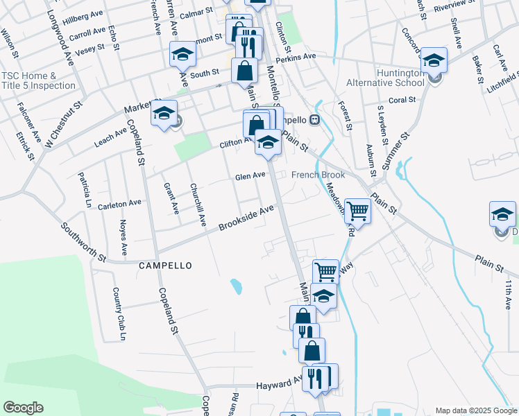map of restaurants, bars, coffee shops, grocery stores, and more near 25 Brookside Avenue in Brockton