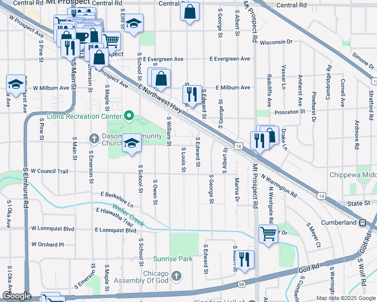 map of restaurants, bars, coffee shops, grocery stores, and more near 503 South Louis Street in Mount Prospect