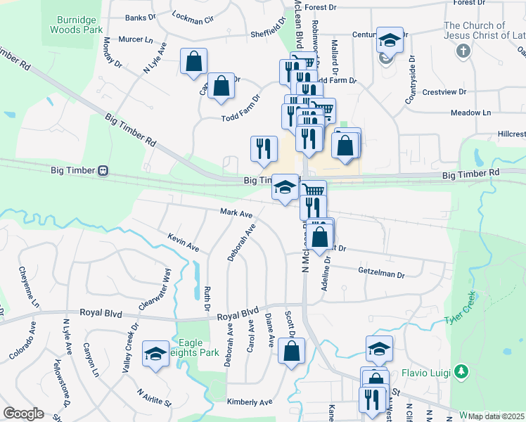 map of restaurants, bars, coffee shops, grocery stores, and more near 1616-22 Mark Avenue in Elgin