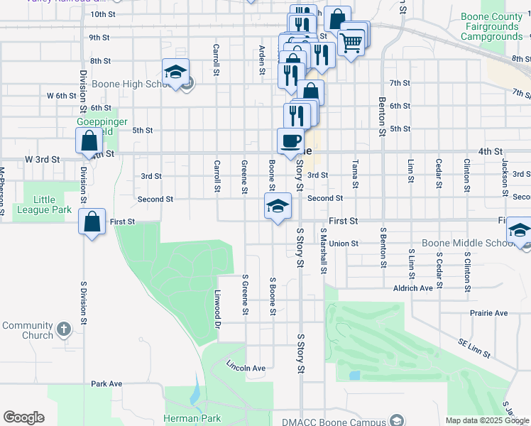 map of restaurants, bars, coffee shops, grocery stores, and more near 101-199 Boone St in Boone