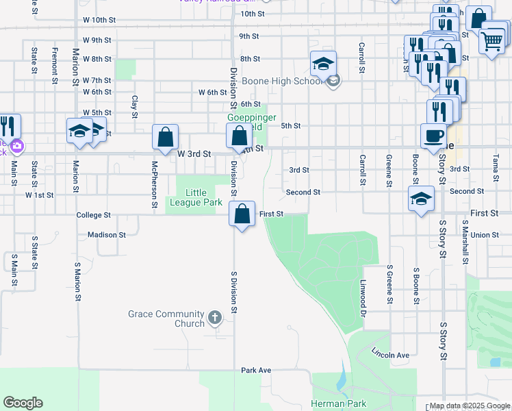 map of restaurants, bars, coffee shops, grocery stores, and more near 301-363 1st Street in Boone