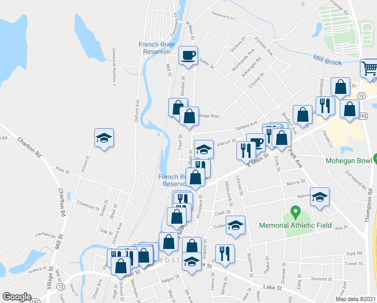 map of restaurants, bars, coffee shops, grocery stores, and more near 65 North Main Street in Webster