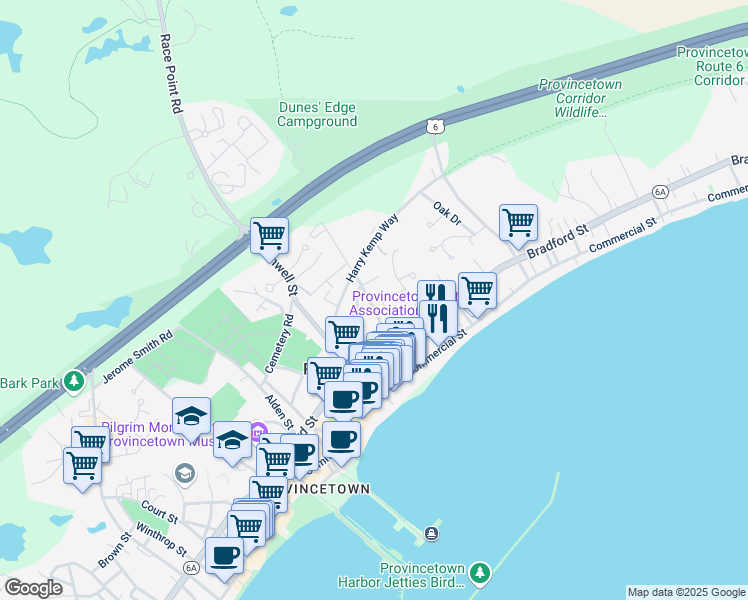 map of restaurants, bars, coffee shops, grocery stores, and more near 18 Priscilla Alden Road in Provincetown