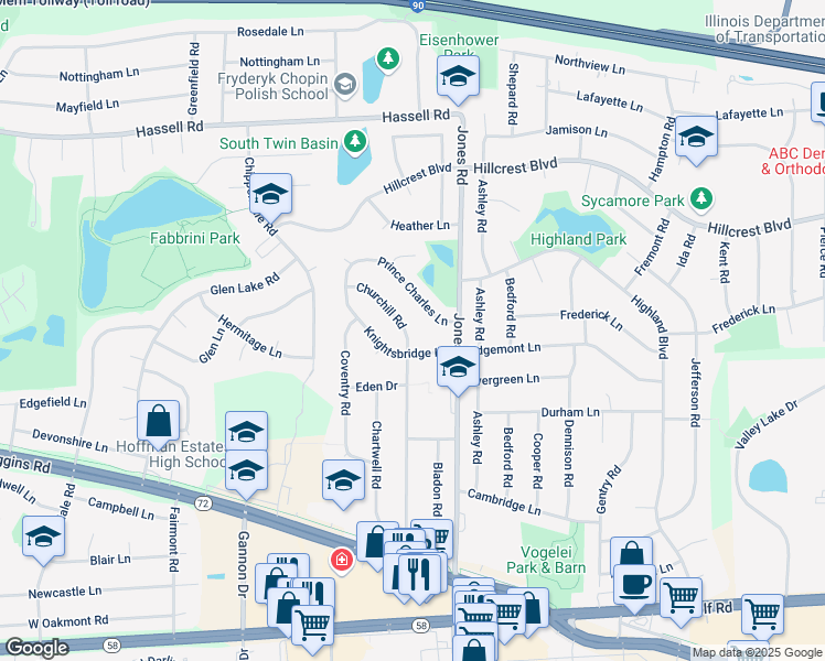 map of restaurants, bars, coffee shops, grocery stores, and more near 1621 Churchill Road in Schaumburg