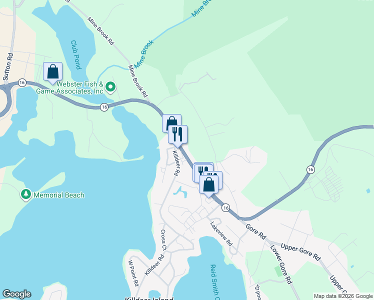 map of restaurants, bars, coffee shops, grocery stores, and more near 147 Gore Road in Webster
