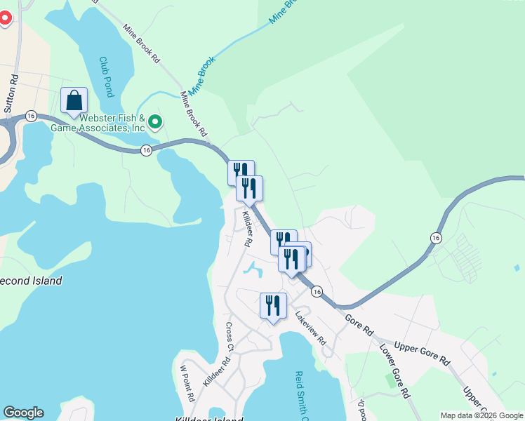 map of restaurants, bars, coffee shops, grocery stores, and more near 147 Gore Road in Webster
