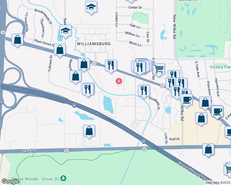 map of restaurants, bars, coffee shops, grocery stores, and more near 5350 Carriage Way Drive in Rolling Meadows