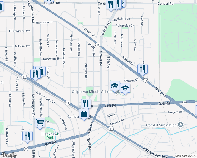 map of restaurants, bars, coffee shops, grocery stores, and more near 248 N Wolf Rd in Des Plaines