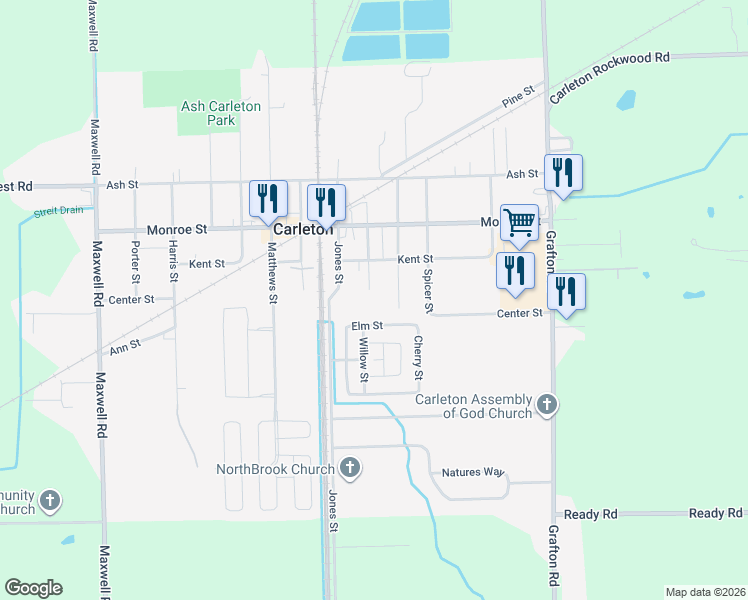 map of restaurants, bars, coffee shops, grocery stores, and more near 12492 Hand Street in Carleton
