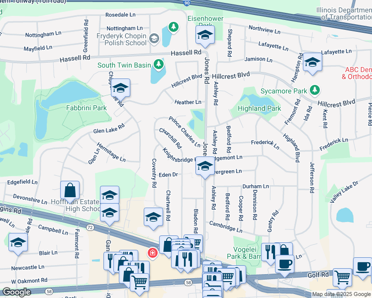 map of restaurants, bars, coffee shops, grocery stores, and more near 1621 Churchill Road in Schaumburg