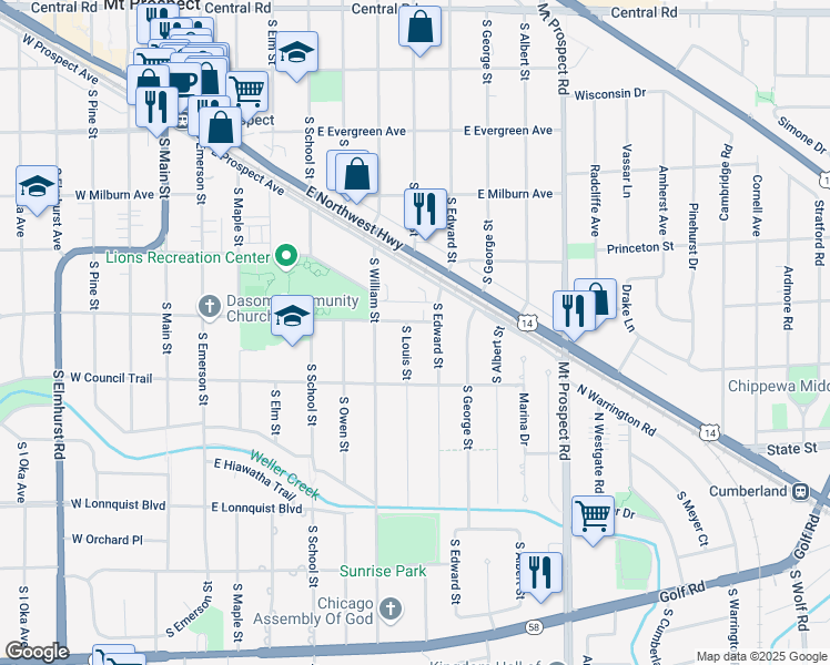 map of restaurants, bars, coffee shops, grocery stores, and more near 503 South Louis Street in Mount Prospect