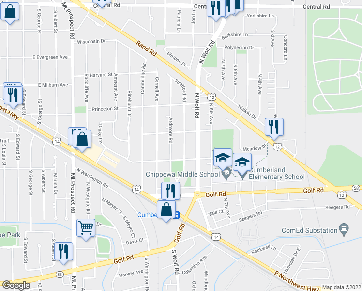 map of restaurants, bars, coffee shops, grocery stores, and more near 250 Stratford Road in Des Plaines