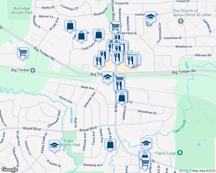 map of restaurants, bars, coffee shops, grocery stores, and more near 1560 Weatherstone Lane in Elgin