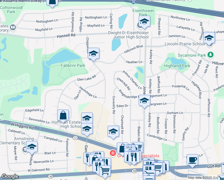 map of restaurants, bars, coffee shops, grocery stores, and more near 1558 Coventry Road in Hoffman Estates