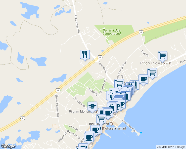 map of restaurants, bars, coffee shops, grocery stores, and more near 2 Heather's Way in Provincetown