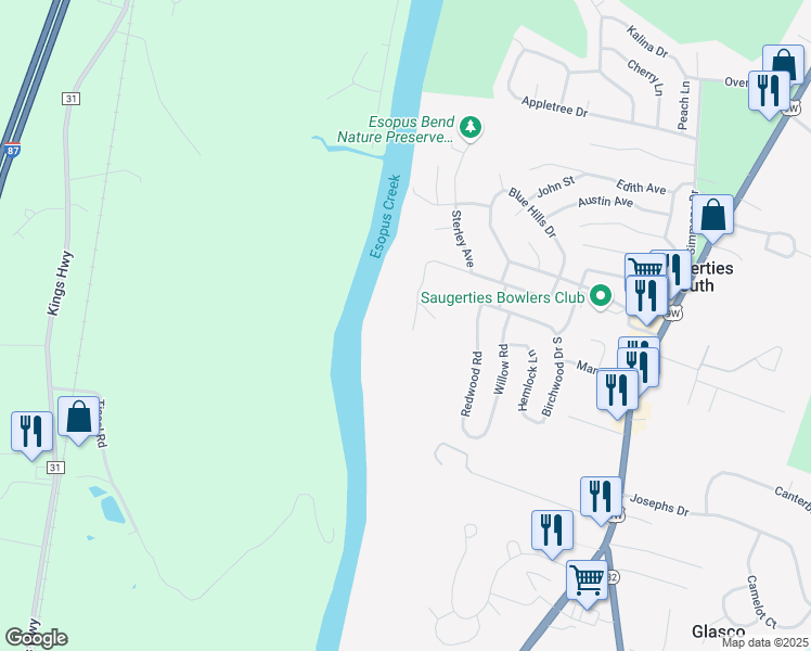 map of restaurants, bars, coffee shops, grocery stores, and more near 9 Skyline Drive in Saugerties