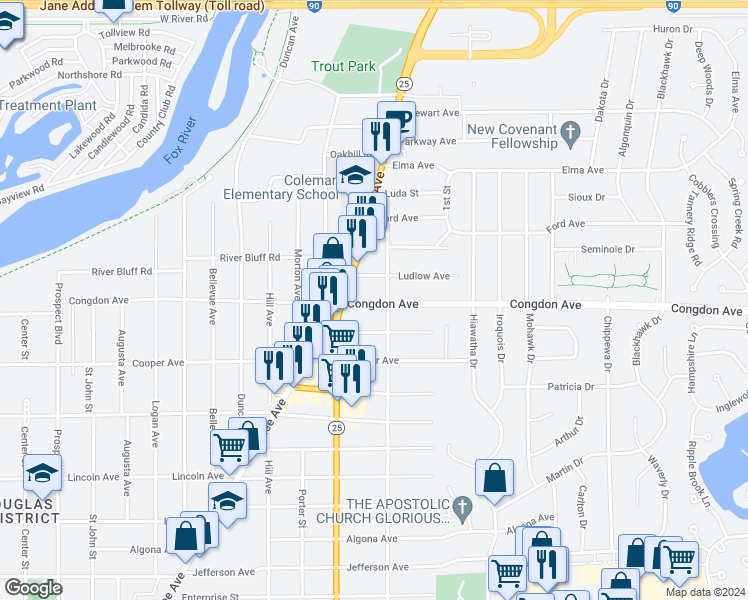 map of restaurants, bars, coffee shops, grocery stores, and more near 634 Congdon Avenue in Elgin