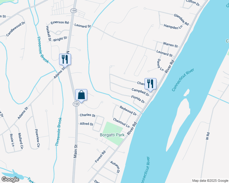 map of restaurants, bars, coffee shops, grocery stores, and more near 102 Florida Drive in Agawam