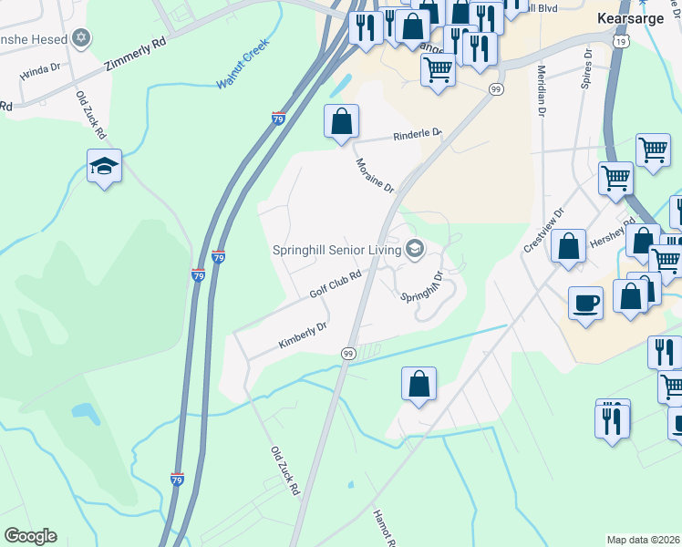 map of restaurants, bars, coffee shops, grocery stores, and more near 2436 Golf Club Rd in Erie
