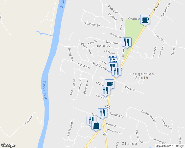 map of restaurants, bars, coffee shops, grocery stores, and more near 1 Cedar Lane in Saugerties