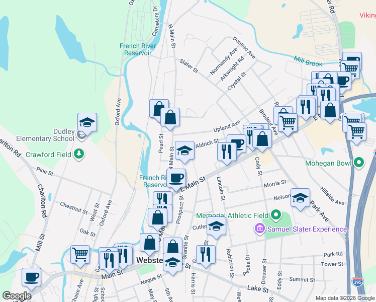 map of restaurants, bars, coffee shops, grocery stores, and more near 10 Aldrich Street in Webster
