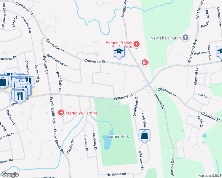 map of restaurants, bars, coffee shops, grocery stores, and more near 36 Williamsburg Drive in Longmeadow