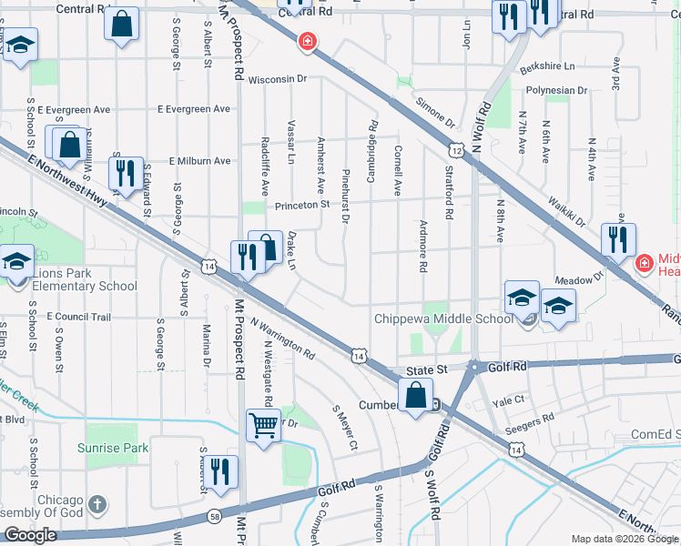 map of restaurants, bars, coffee shops, grocery stores, and more near 245 Amherst Avenue in Des Plaines