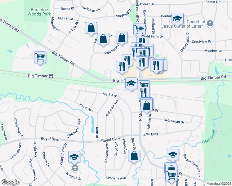 map of restaurants, bars, coffee shops, grocery stores, and more near 1616-22 Mark Avenue in Elgin