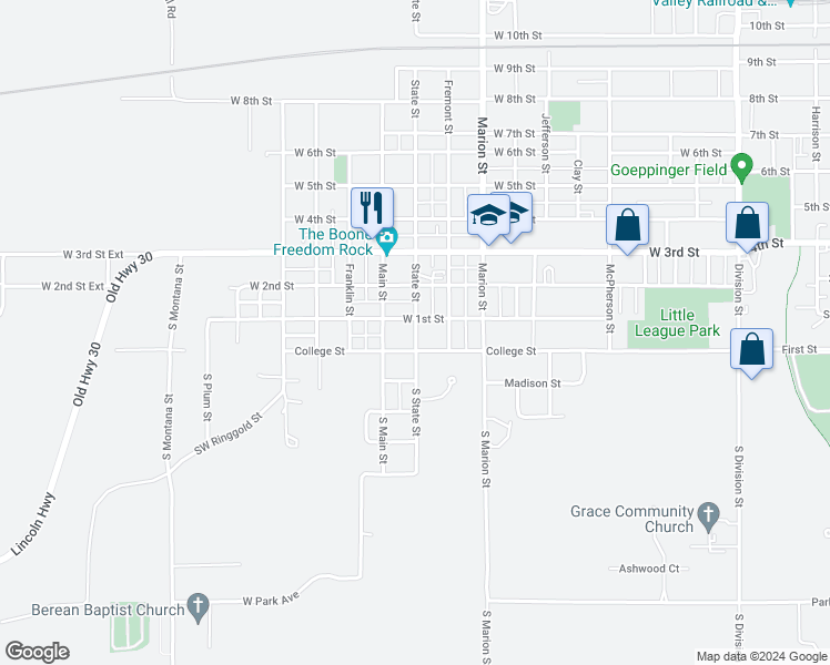 map of restaurants, bars, coffee shops, grocery stores, and more near 103 South State Street in Boone