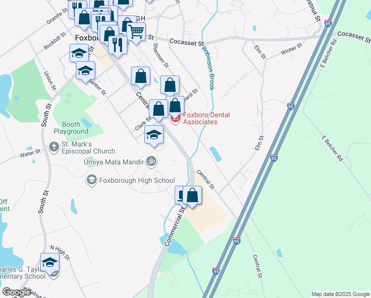 map of restaurants, bars, coffee shops, grocery stores, and more near 154 Central Street in Foxborough