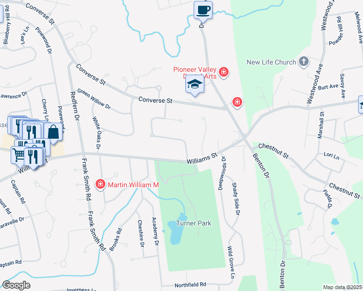 map of restaurants, bars, coffee shops, grocery stores, and more near 36 Williamsburg Drive in Longmeadow