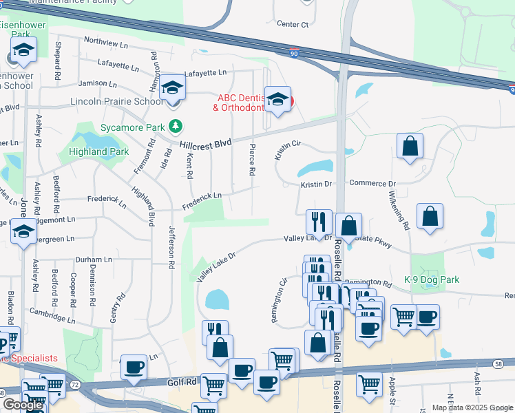 map of restaurants, bars, coffee shops, grocery stores, and more near 1635 Pierce Road in Hoffman Estates