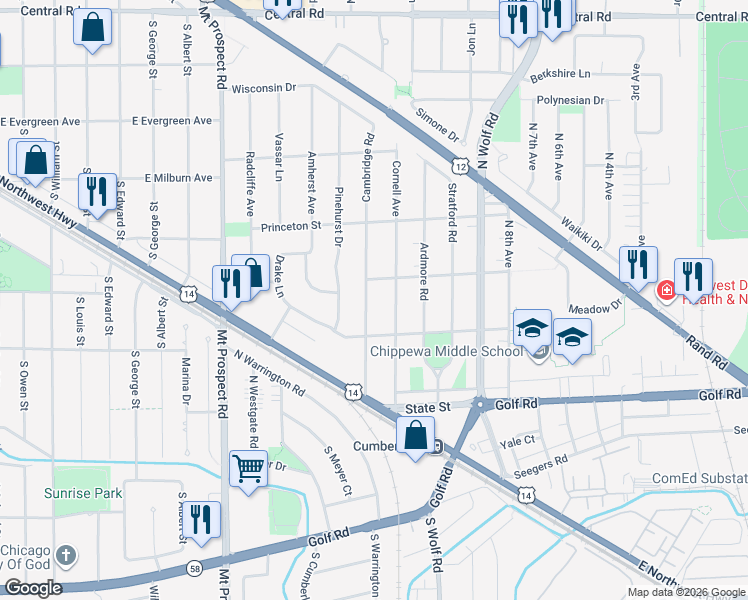 map of restaurants, bars, coffee shops, grocery stores, and more near 263 Cambridge Road in Des Plaines