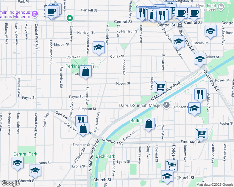 map of restaurants, bars, coffee shops, grocery stores, and more near 2405 Payne Street in Evanston