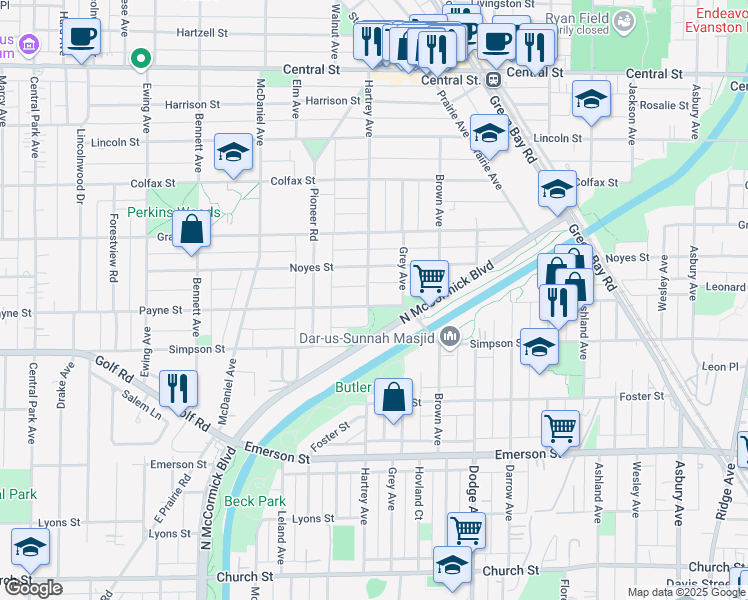 map of restaurants, bars, coffee shops, grocery stores, and more near 2141 Hartrey Avenue in Evanston