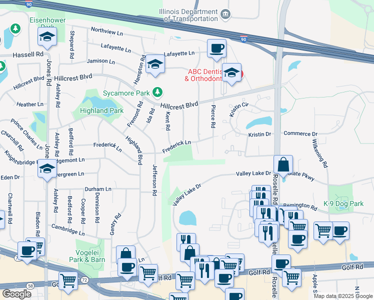 map of restaurants, bars, coffee shops, grocery stores, and more near 345 Frederick Lane in Hoffman Estates