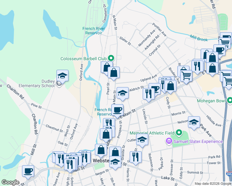 map of restaurants, bars, coffee shops, grocery stores, and more near 70 North Main Street in Webster
