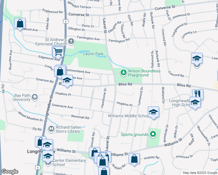 map of restaurants, bars, coffee shops, grocery stores, and more near 205 Bliss Road in Longmeadow