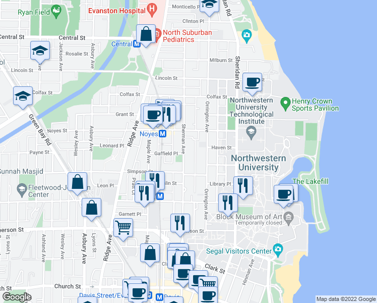 map of restaurants, bars, coffee shops, grocery stores, and more near 2141 Sherman Avenue in Evanston